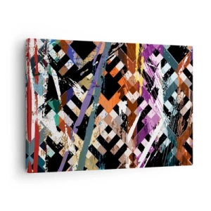 Quadro em tela - Composição abstrata com linhas coloridas sobre fundo preto - 70x50cm - Ao quadrado - Decoração de parede moderna para a sala de estar e quarto ARTTOR