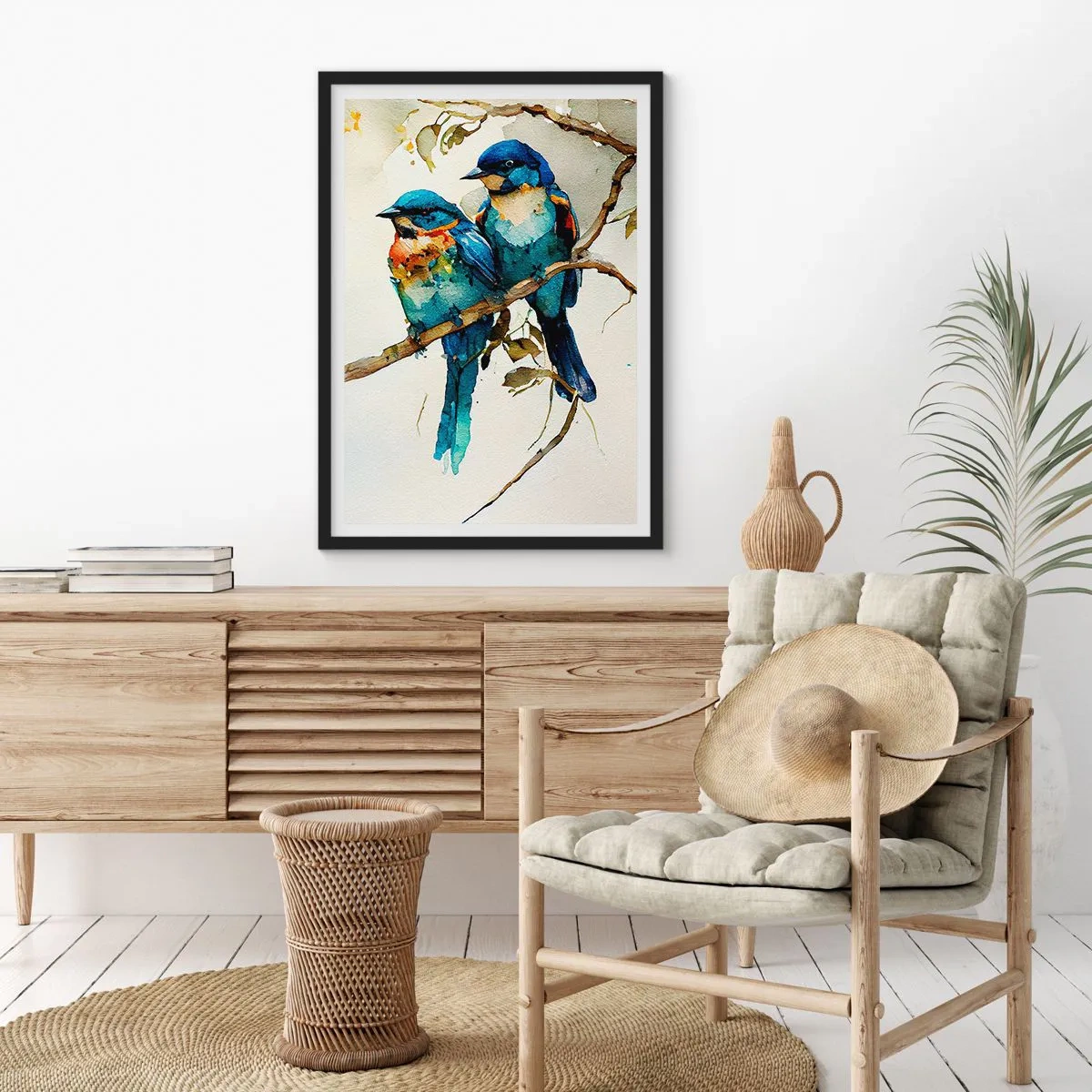 Pôster com moldura preta - Pássaros em aquarela em um galho em tons de azul e marrom - 50x70cm - Ele ficou ofendido? - Decoração de parede moderna para a sala de estar e quarto ARTTOR