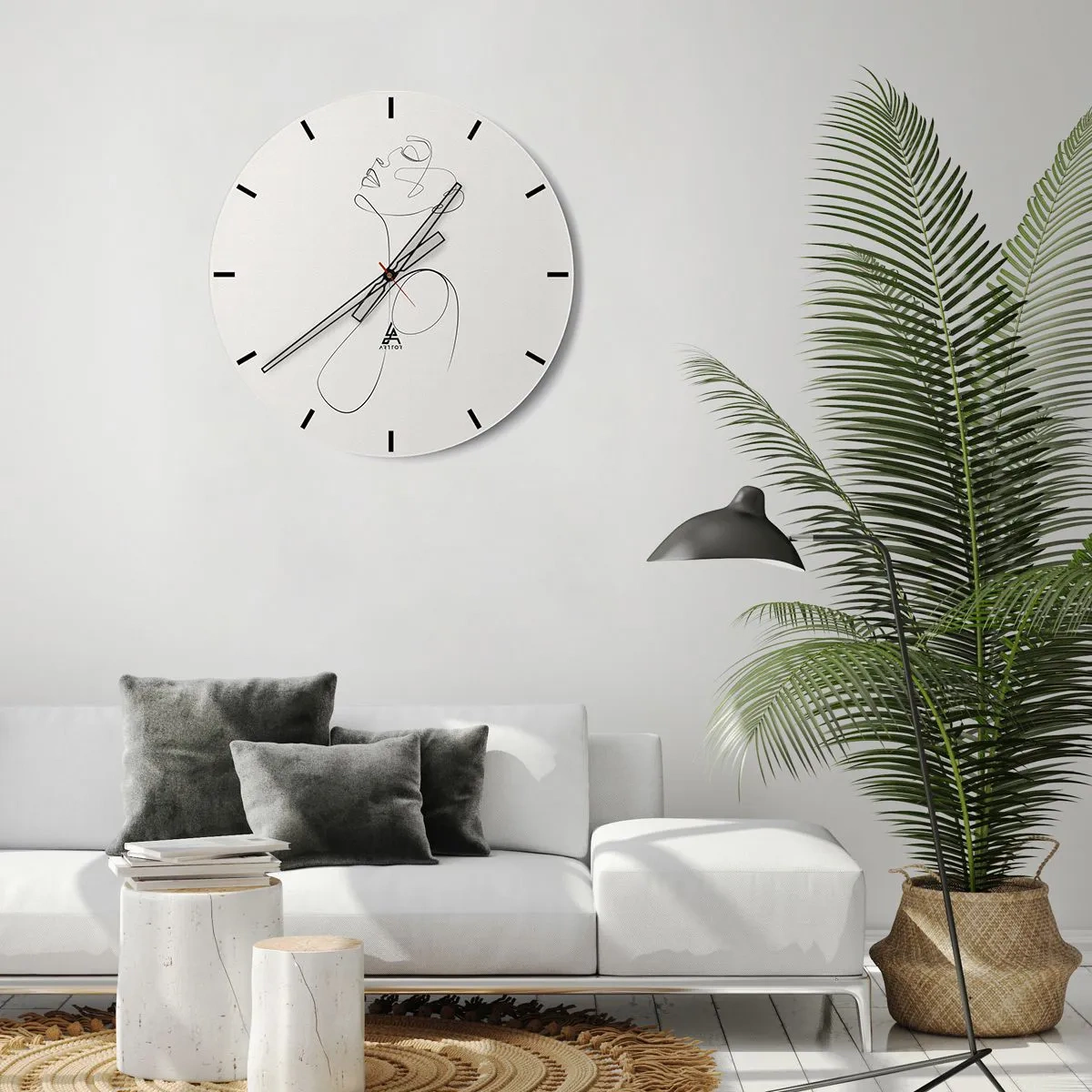 Relógio de parede - Relógio em vidro - Um perfil feminino feito com uma linha preta sobre um fundo claro - 30x30cm - Enrolada em sonhos - Decoração de parede moderna para a sala de estar, cozinha e quarto ARTTOR