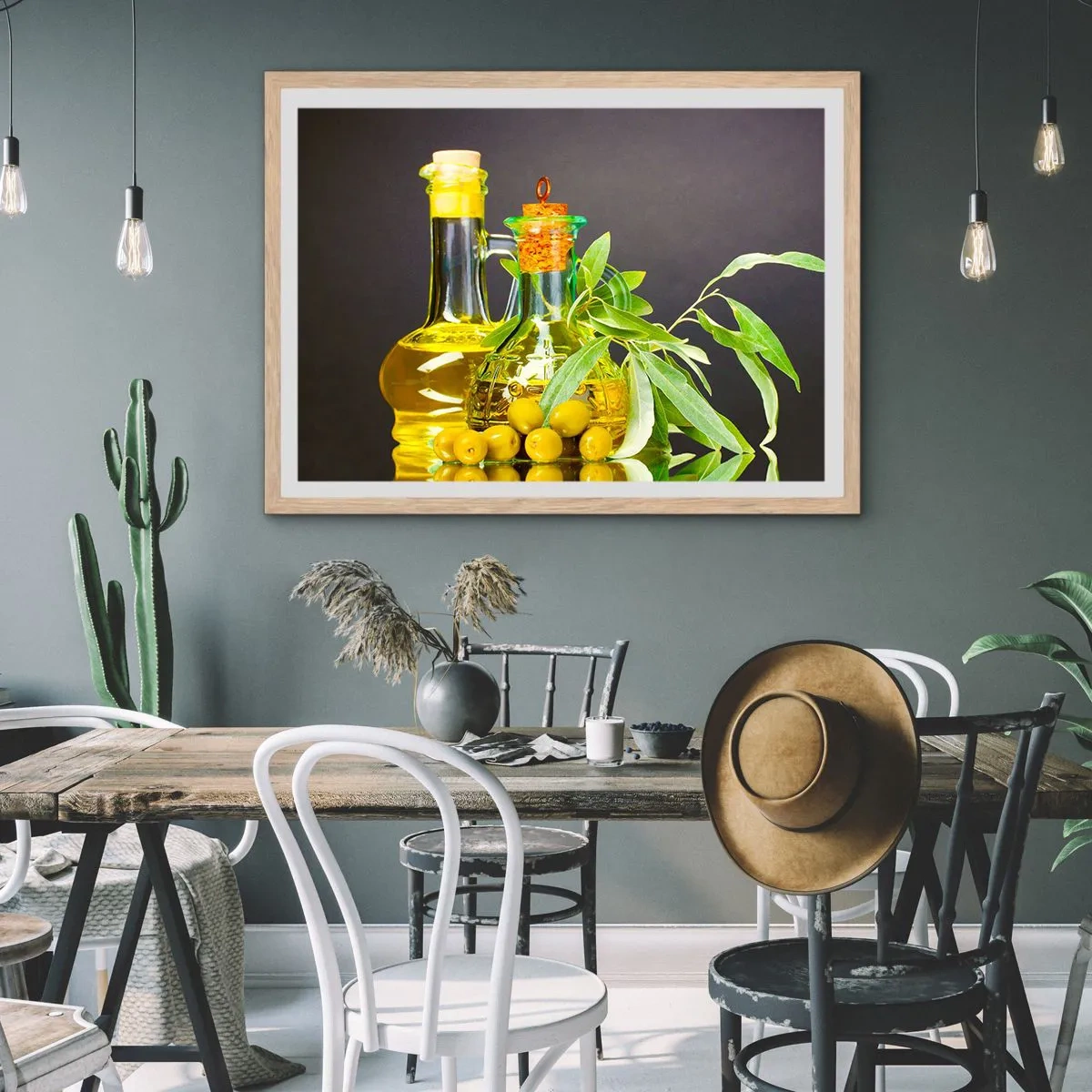 Pôster com moldura de carvalho claro - Natureza morta com azeitonas e azeite - 100x70 cm