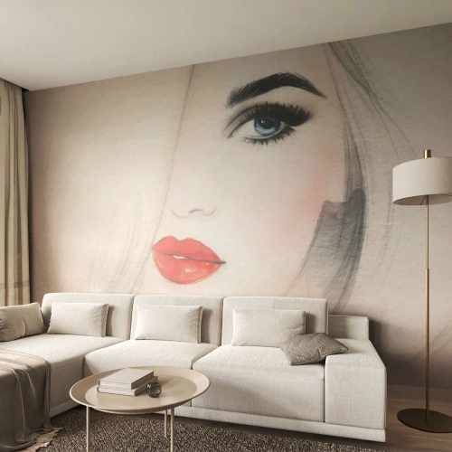 Papel de Parede Autocolante Deluxe Sticker - Hipnotiza e intoxica - Retrato de uma mulher, Rosto de mulher, lábios vermelhos - 350x256 cm