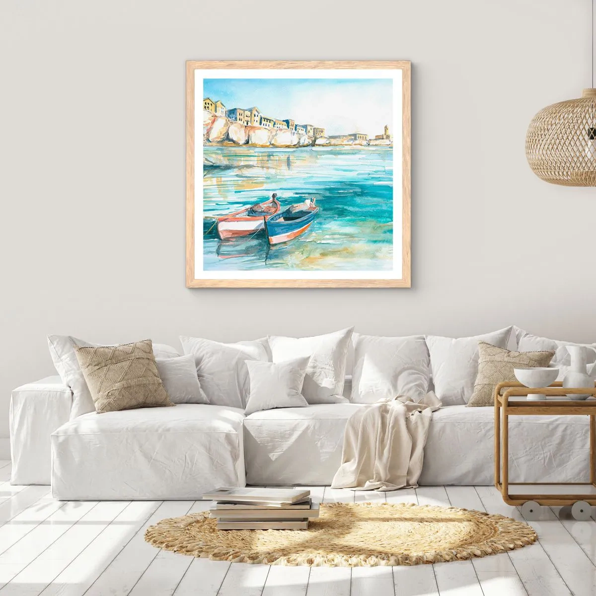 Pôster com moldura de carvalho claro - Paisagem em azul - 60x60 cm