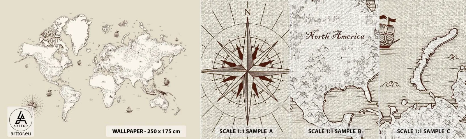 Amostra de papel de parede Premium Canvas - Uma viagem à volta do mundo - Mapa mundial, Continentes, Navio pirata - 100x30 cm