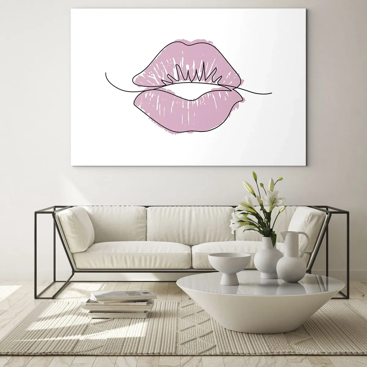 Quadro em vidro - Imagem abstrata de lábios em tons de rosa e preto - 70x50cm - Pronto para beijar? - Decoração de parede moderna para a sala de estar e quarto ARTTOR