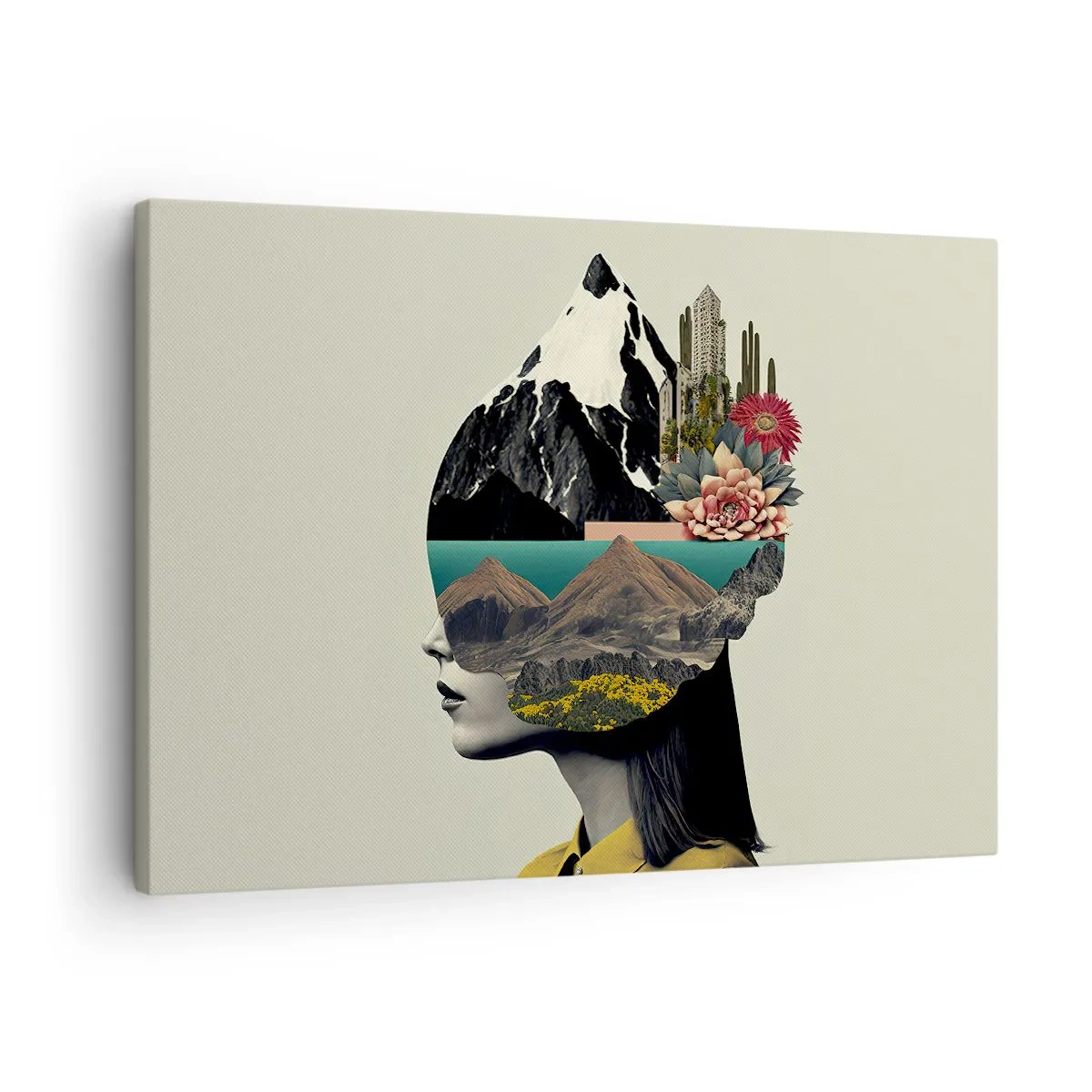 Quadro em tela - Colagem de uma mulher com uma paisagem de montanha e flores - 70x50cm - Mulher – sempre um mistério - Decoração de parede moderna para a sala de estar e quarto ARTTOR