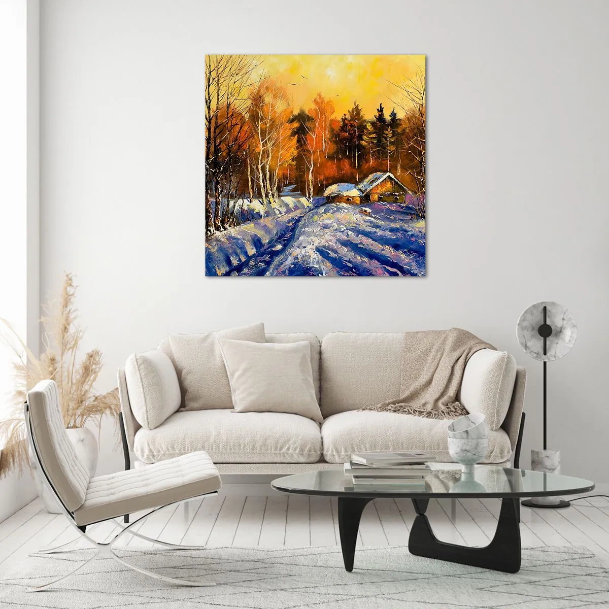 Quadro em vidro - Impressão de inverno ao sol - 50x50 cm