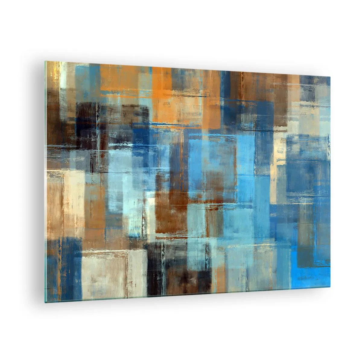 Quadro em vidro - Composição geométrica abstrata em tons de azul e marrom - 70x50cm - Através da cortina azul - Decoração de parede moderna para a sala de estar e quarto ARTTOR