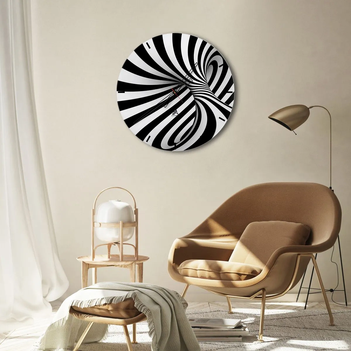 Relógio de parede - Relógio em vidro - Túnel óptico abstrato em preto e branco - 30x30cm - Composição: espaço dançante - Decoração de parede moderna para a sala de estar, cozinha e quarto ARTTOR