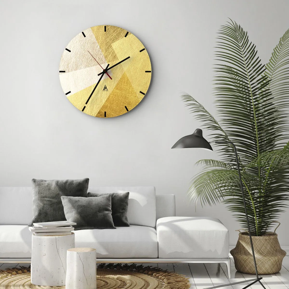 Relógio de parede - Relógio em vidro - Formas geométricas douradas em uma composição moderna - 30x30cm - Clima geométrico - Decoração de parede moderna para a sala de estar, cozinha e quarto ARTTOR
