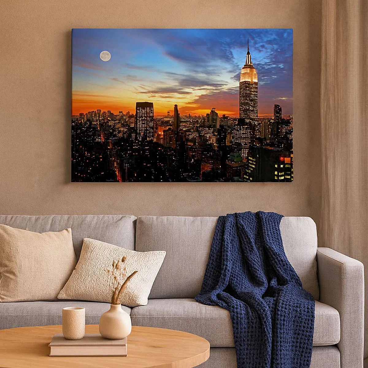Quadro em tela - Panorama da cidade com arranha-céus iluminados ao entardecer - 70x50cm - Noite Brilhante Americana - Decoração de parede moderna para a sala de estar e quarto ARTTOR