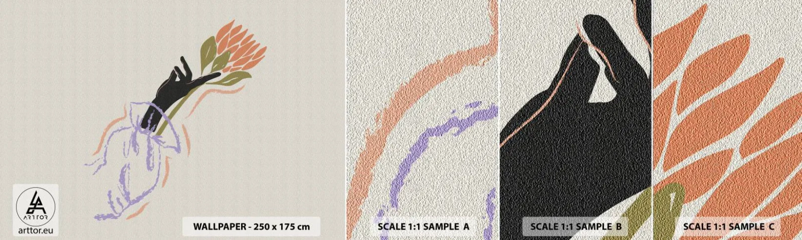 Amostra de Papel de Parede Standard Eco - Toque fraterno - Mão, Flor, Minimalismo - 100x30 cm