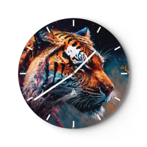 Relógio de parede - Relógio em vidro - Retrato de um tigre em cores intensas com toques pictóricos - 30x30cm - Beleza selvagem - Decoração de parede moderna para a sala de estar, cozinha e quarto ARTTOR