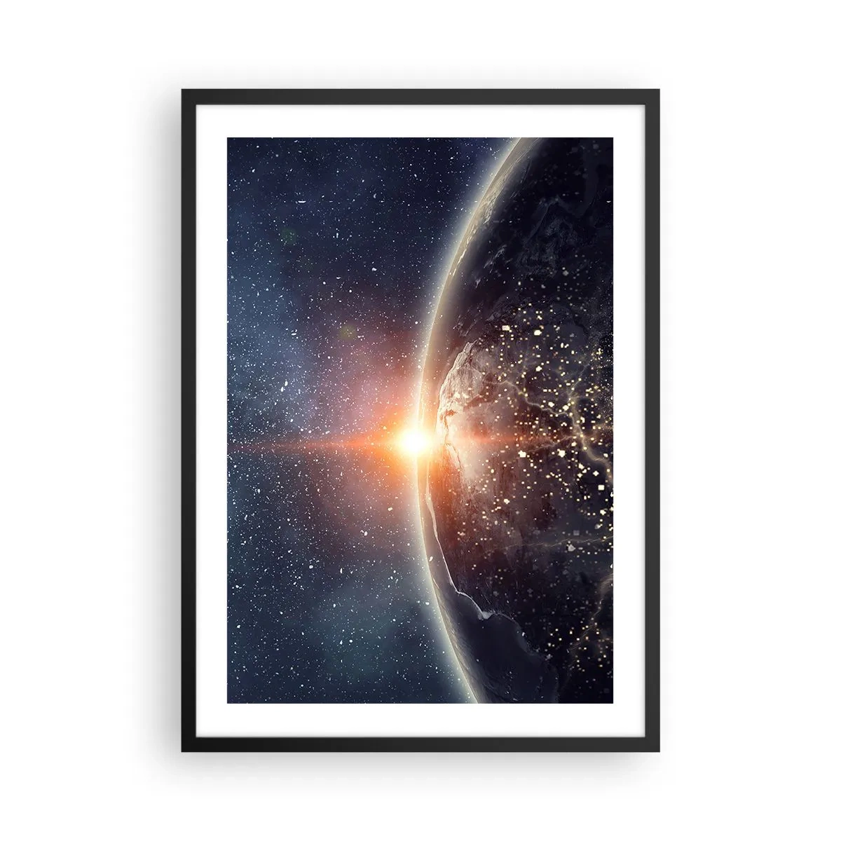 Pôster com moldura preta - Terra vista do espaço iluminada pelo sol nascente - 50x70cm - Numa nova perspetiva - Decoração de parede moderna para a sala de estar e quarto ARTTOR