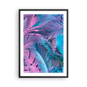 Pôster com moldura preta - Folhas tropicais coloridas em tons neon de rosa e azul - 50x70cm - Trópicos em rosa e azul - Decoração de parede moderna para a sala de estar e quarto ARTTOR