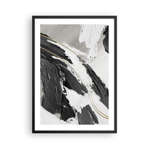 Pôster com moldura preta - Pinceladas abstratas em preto, branco e dourado - 50x70cm - Abstração em grande escala - Decoração de parede moderna para a sala de estar e quarto ARTTOR