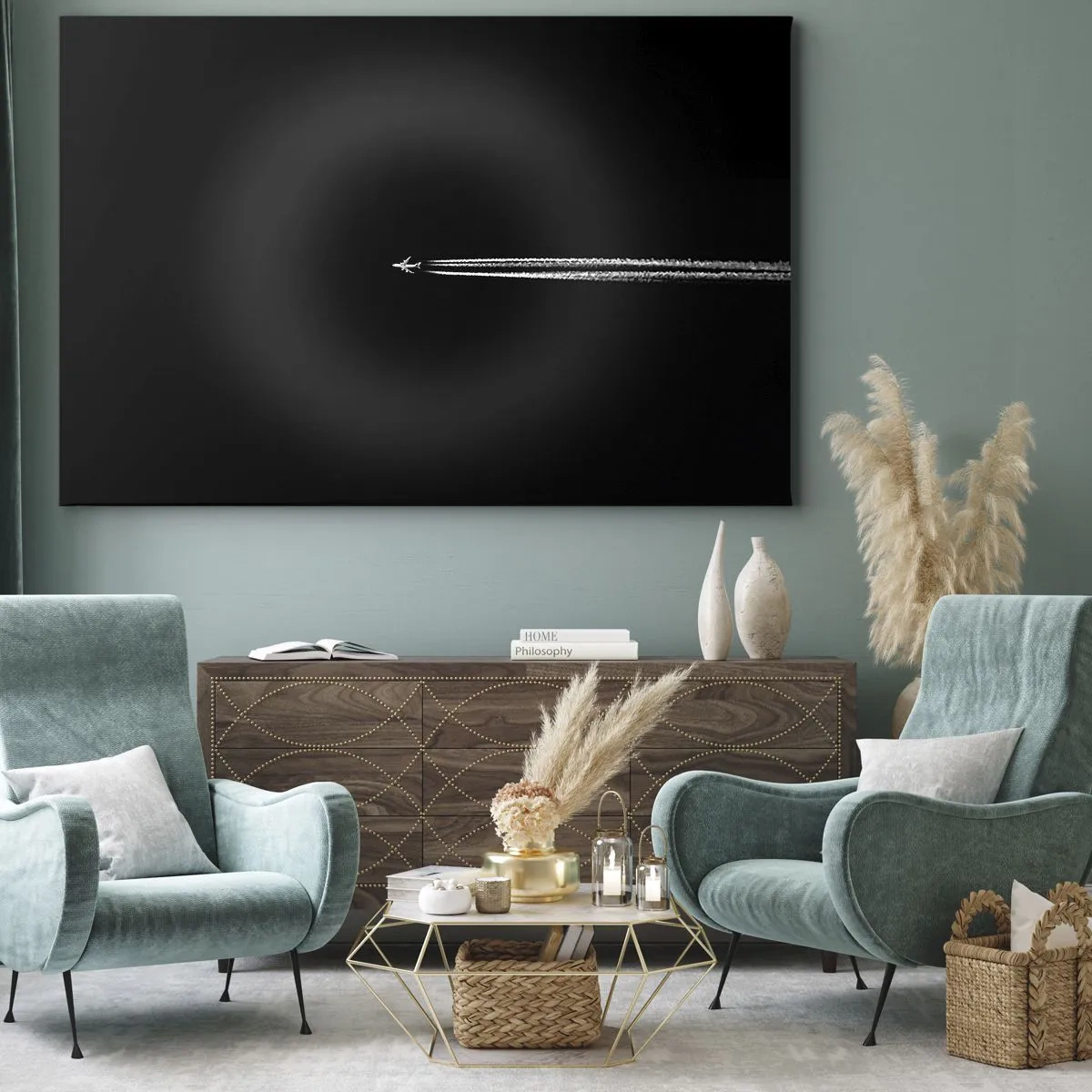 Quadro em tela - Um avião a jato com uma trilha visível em um fundo preto - 70x50cm - Em outra dimensão - Decoração de parede moderna para a sala de estar e quarto ARTTOR