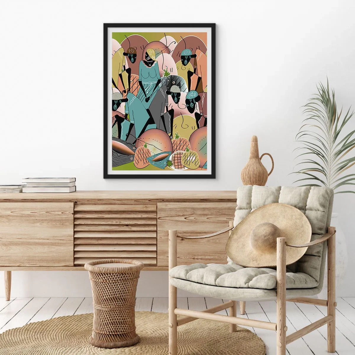 Pôster com moldura preta - Uma composição estilizada de figuras africanas com frutas em tons pastéis. - 50x70cm - Uma grande festa se aproxima - Decoração de parede moderna para a sala de estar e quarto ARTTOR