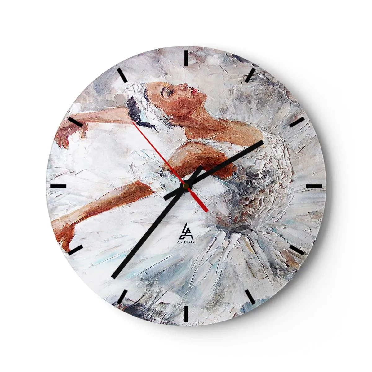 Relógio de parede - Relógio em vidro - Uma bailarina com um vestido branco de estilo impressionista - 30x30cm - Delicado e leve como tule - Decoração de parede moderna para a sala de estar, cozinha e quarto ARTTOR