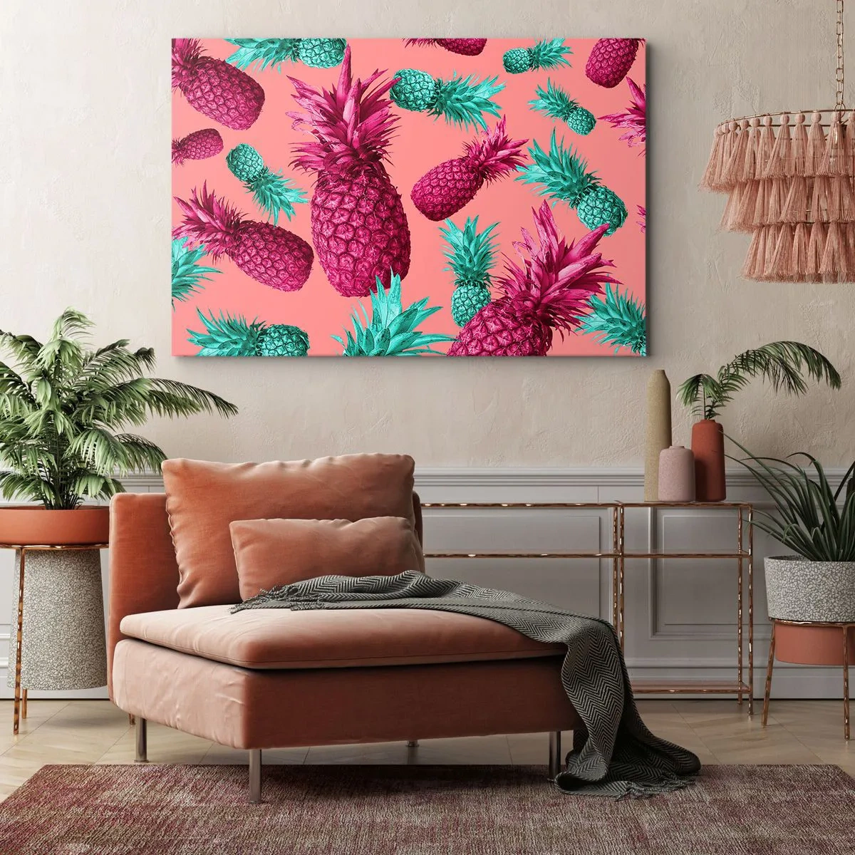 Quadro em tela - Abacaxis exóticos nas cores rosa e turquesa - 70x50cm - A liberdade é doce - Decoração de parede moderna para a sala de estar e quarto ARTTOR