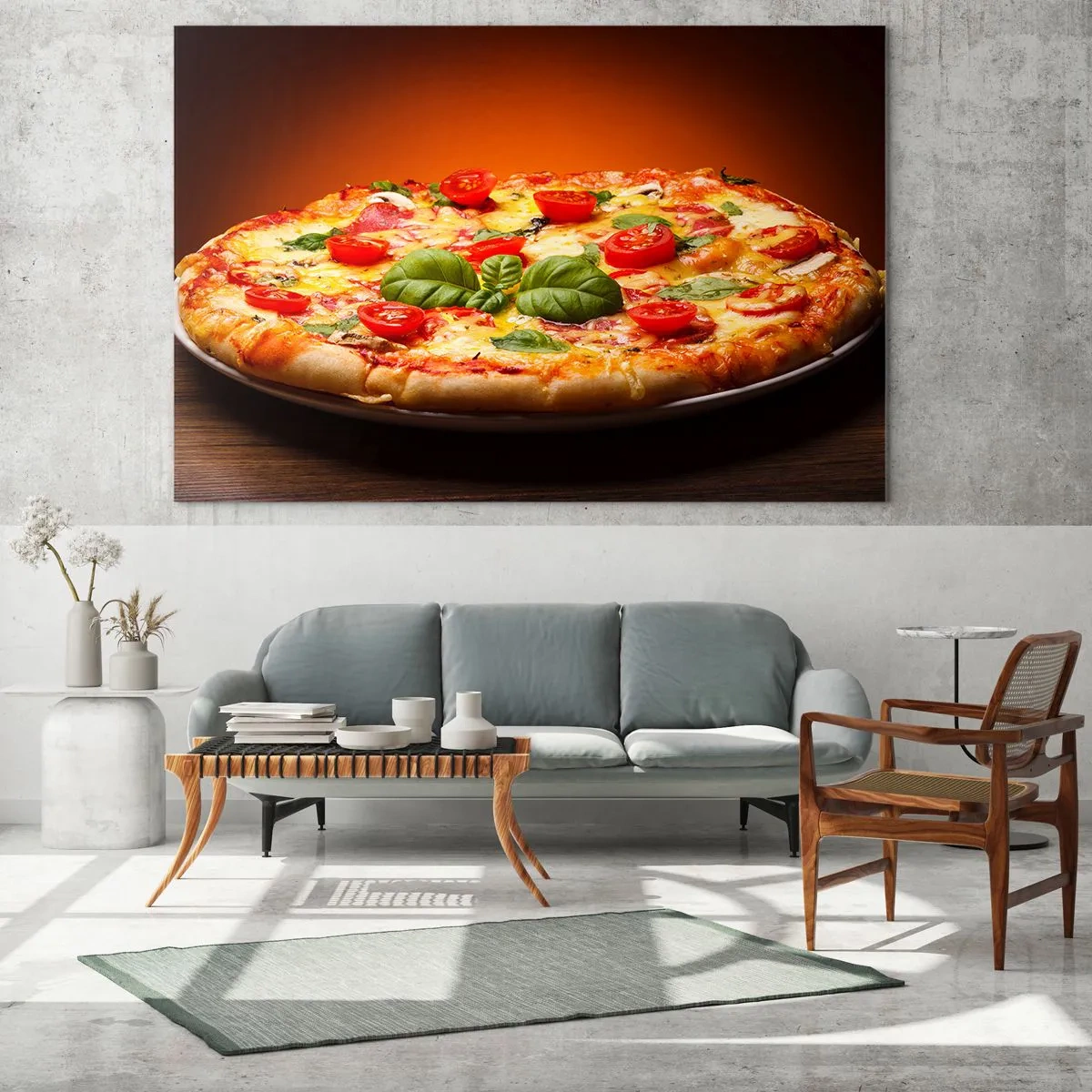 Quadro em vidro - Pizza com tomate, manjericão e queijo derretido - 70x50cm - Mamma mia! - Decoração de parede moderna para a sala de estar e quarto ARTTOR