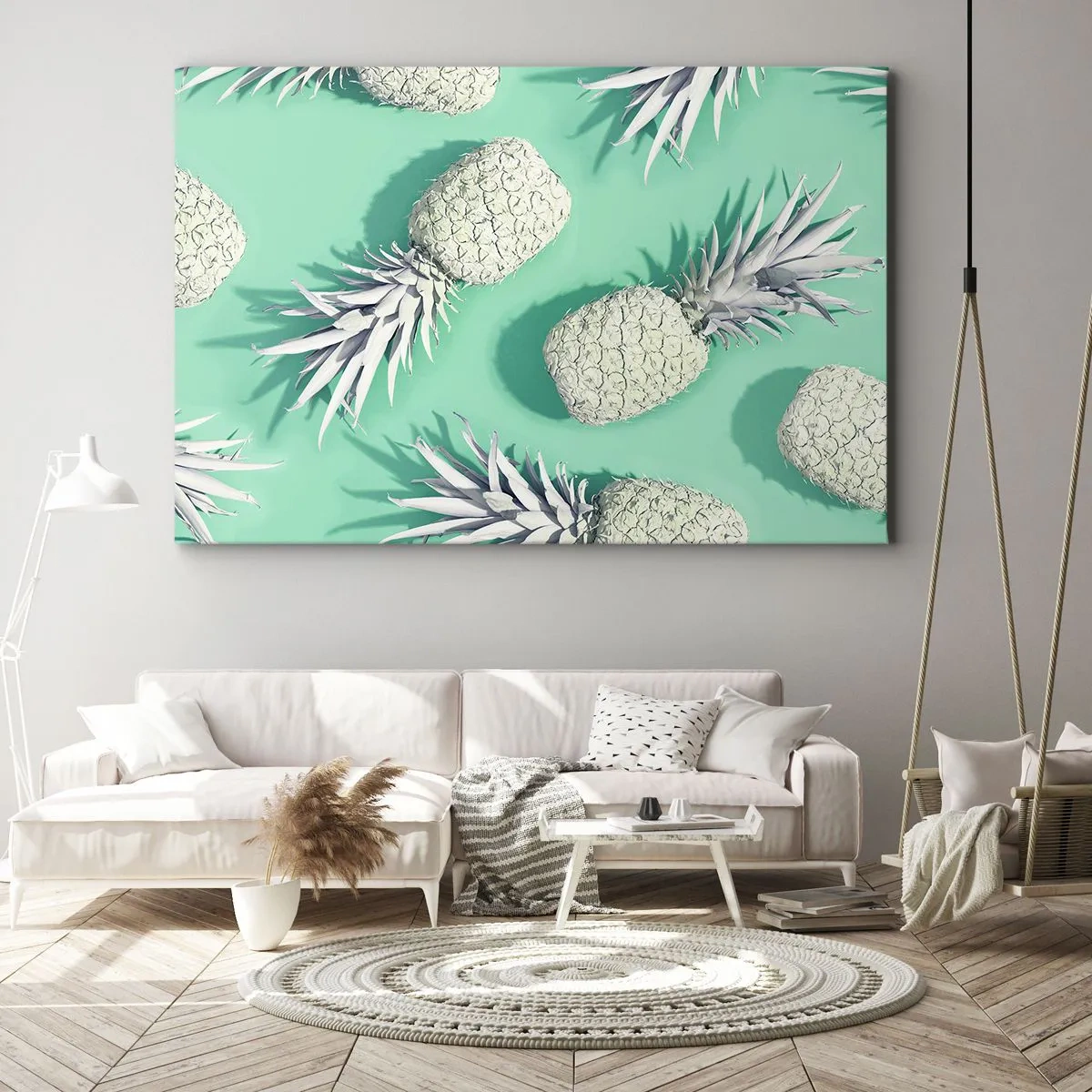 Quadro em tela - Abacaxis brancos em fundo pastel em estilo minimalista - 70x50cm - Vão muito bem com a hortelã - Decoração de parede moderna para a sala de estar e quarto ARTTOR