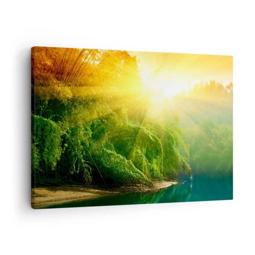 Quadro em tela - Uma floresta verde à beira do rio, iluminada pelos raios do sol nascente - 70x50cm - Afogar-se ao sol e à sombra - Decoração de parede moderna para a sala de estar e quarto ARTTOR