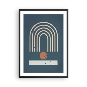 Pôster com moldura preta - Arcos geométricos e uma esfera em um fundo escuro - 50x70cm - Geometria em azul marinho - Decoração de parede moderna para a sala de estar e quarto ARTTOR