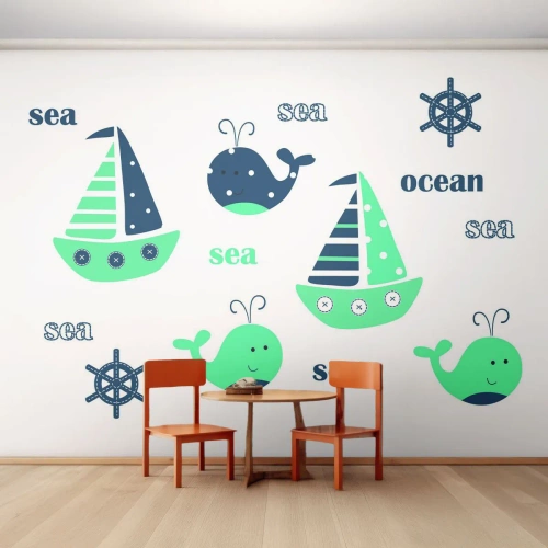 Papel de Parede Standard Eco - Ilustrações náuticas encantadoras de navios e baleias - 100x70cm - Através dos mares e oceanos - Decoração de parede moderna para a sala de estar e quarto ARTTOR