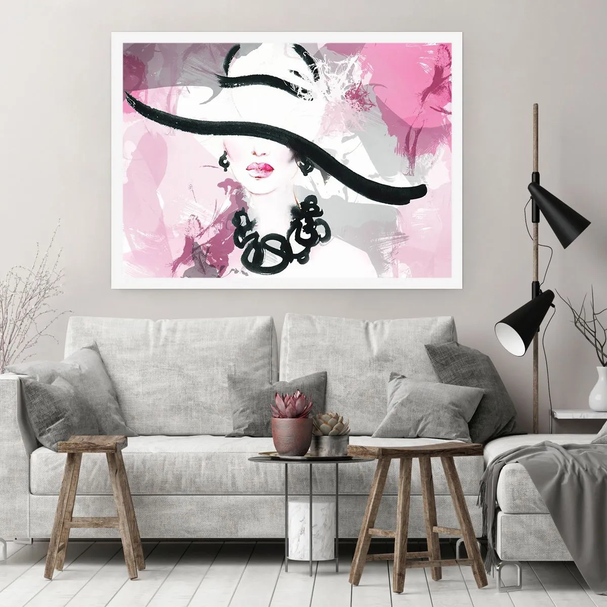 Pôster - Retrato de uma dama a preto e rosa - 91x61 cm