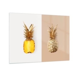 Quadro em vidro - Um abacaxi fatiado e dourado em dois fundos contrastantes - 70x50cm - Ananás para nós - Decoração de parede moderna para a sala de estar e quarto ARTTOR