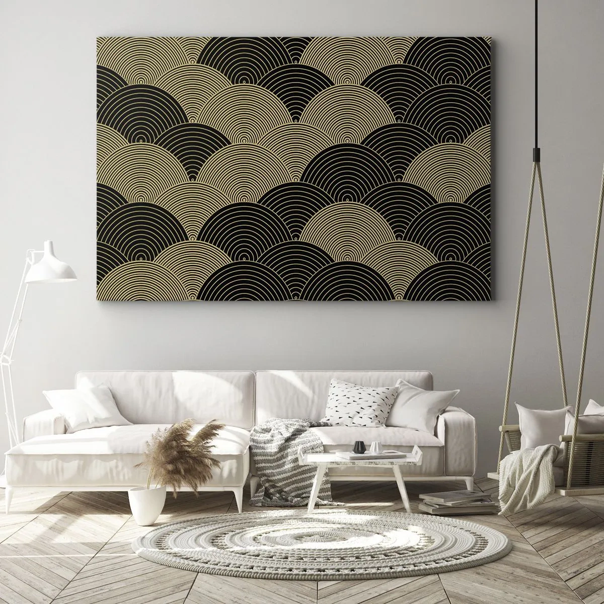 Quadro em tela - Padrão Art Déco com semicírculos e linhas douradas - 70x50cm - Unidade na multiplicidade - Decoração de parede moderna para a sala de estar e quarto ARTTOR