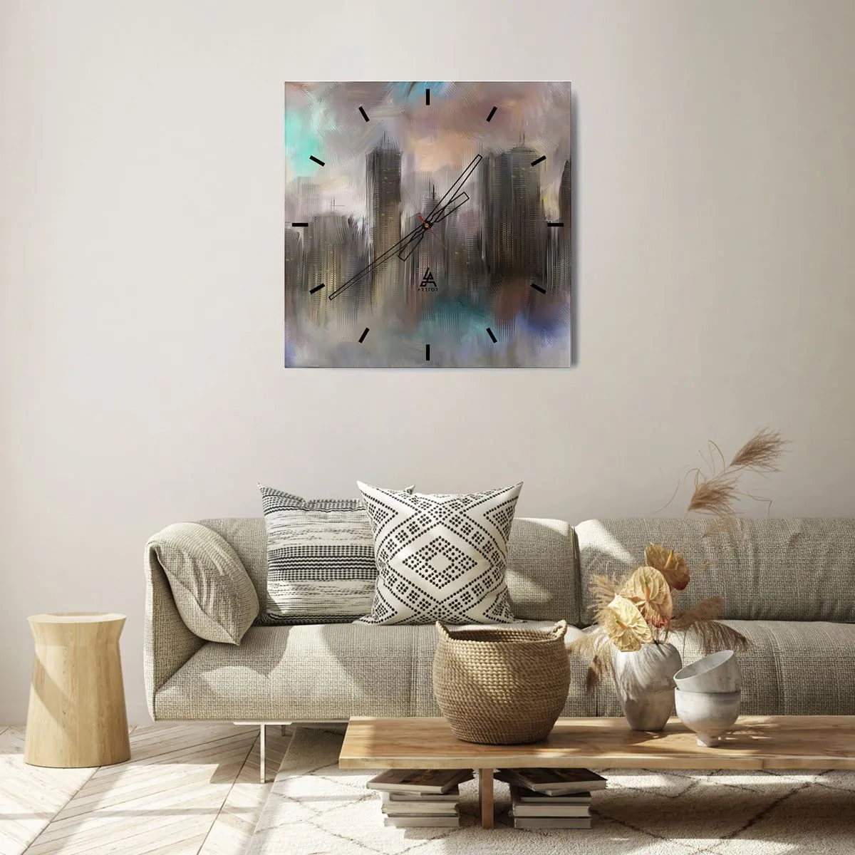 Relógio de parede - Relógio em vidro - Composição de aço, pedra e névoa - 30x30 cm