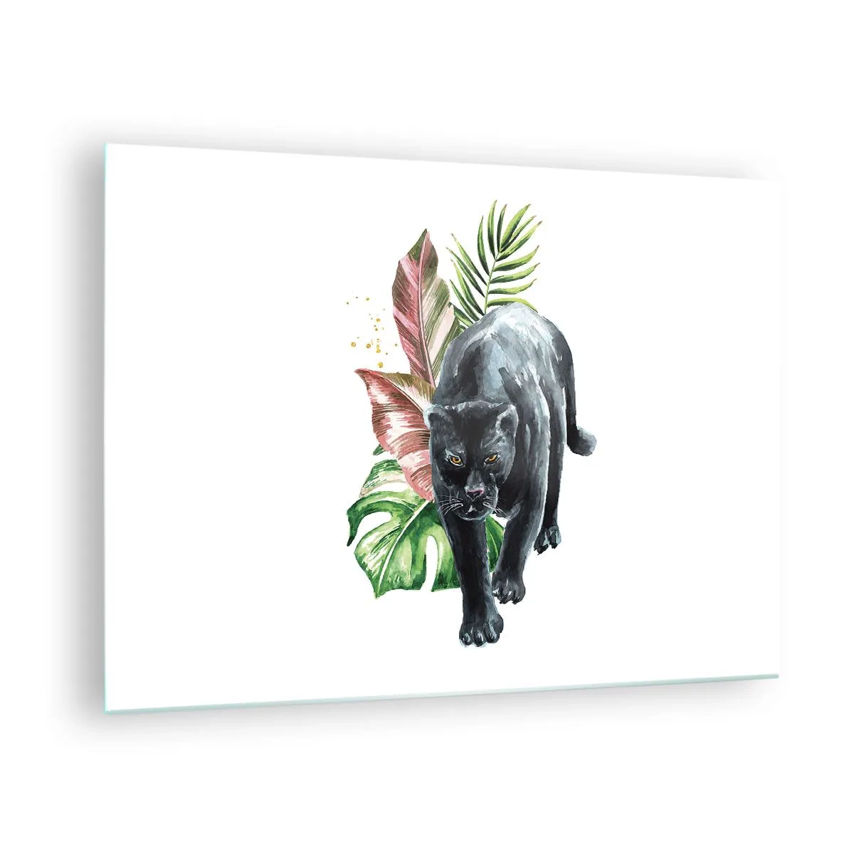 Quadro em vidro - Pantera negra sobre um fundo de folhas tropicais em estilo aquarela - 70x50cm - Coração selvagem - Decoração de parede moderna para a sala de estar e quarto ARTTOR