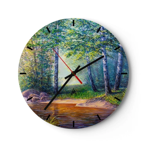 Relógio de parede - Relógio em vidro - Uma pitoresca floresta de bétulas com um rio iluminado pelos raios do sol - 30x30cm - Cenário idílico - Decoração de parede moderna para a sala de estar, cozinha e quarto ARTTOR