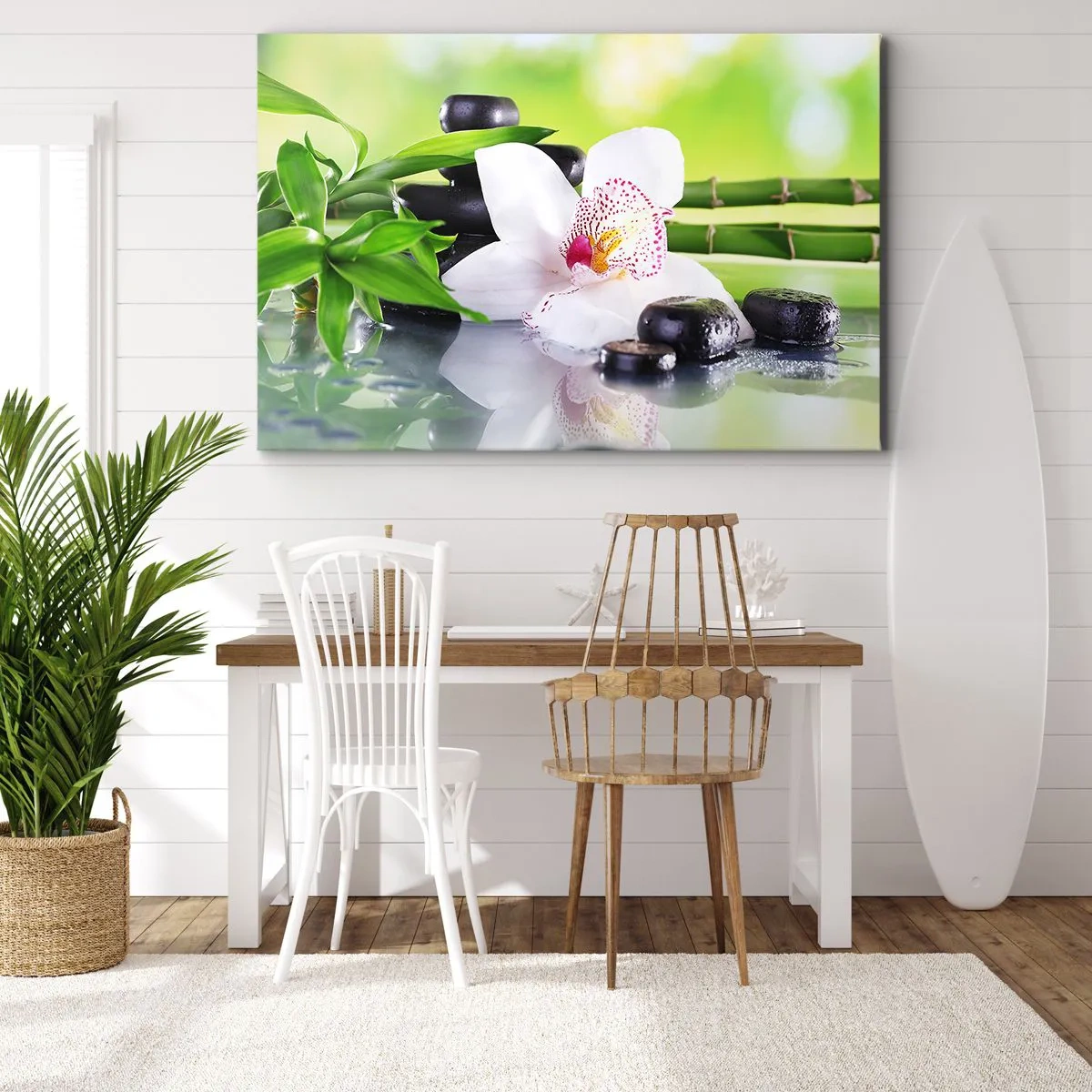 Quadro em tela - Orquídea, pedras e bambu em uma composição harmoniosa de spa - 70x50cm - Frescor e vigor - Decoração de parede moderna para a sala de estar e quarto ARTTOR