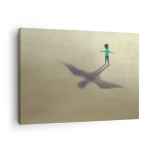 Quadro em tela - Uma figura simbólica de uma criança com a sombra de um pássaro sobre um fundo em tons quentes. - 70x50cm - Herói do futuro - Decoração de parede moderna para a sala de estar e quarto ARTTOR