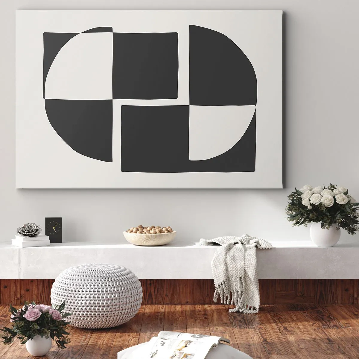 Quadro em tela - Formas geométricas abstratas em preto e branco - 70x50cm - Antítese – síntese - Decoração de parede moderna para a sala de estar e quarto ARTTOR