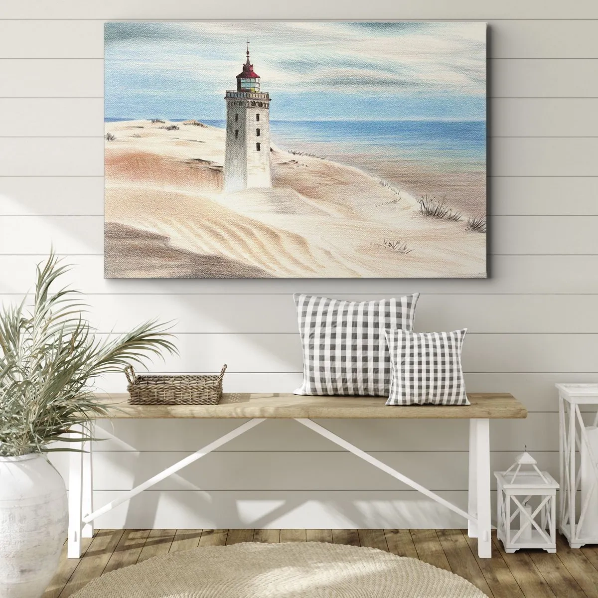 Quadro em tela - Um farol cercado por dunas de areia e um céu azul - 70x50cm - Sempre a olhar para o mar - Decoração de parede moderna para a sala de estar e quarto ARTTOR
