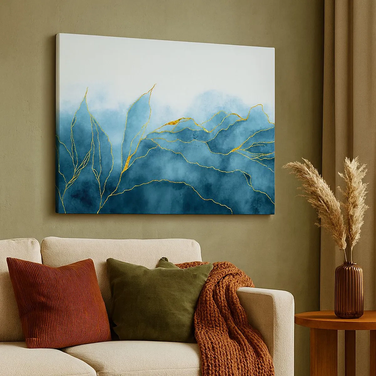 Quadro em tela - Ondas abstratas em tons de azul com detalhes dourados - 70x50cm - Azul dourado - Decoração de parede moderna para a sala de estar e quarto ARTTOR