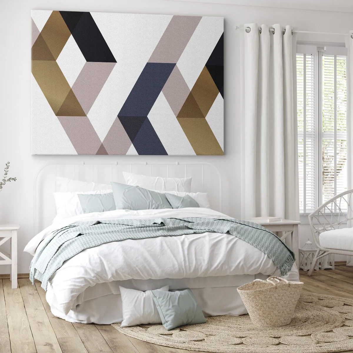 Quadro em tela - Padrões geométricos em tons de dourado e azul marinho - 70x50cm - Planos e ângulos - Decoração de parede moderna para a sala de estar e quarto ARTTOR