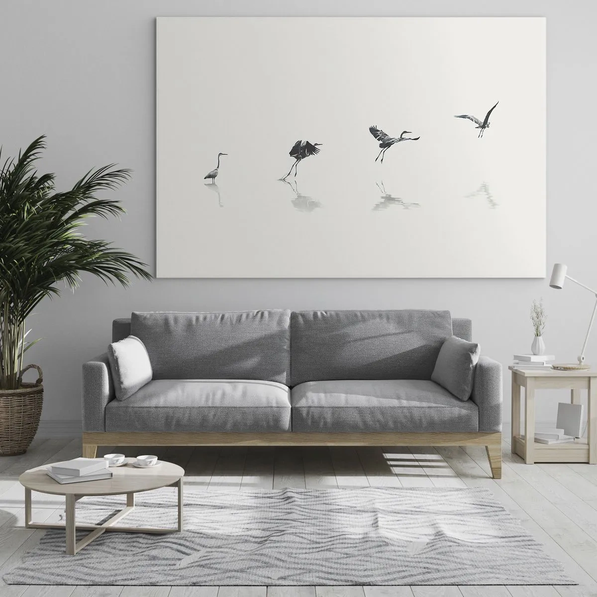 Quadro em vidro - Silhuetas de quatro pássaros se movendo sobre a água - 70x50cm - Quatro passos simples - Decoração de parede moderna para a sala de estar e quarto ARTTOR