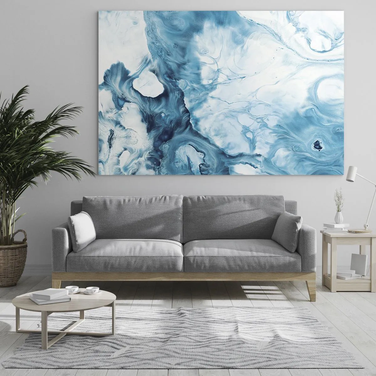 Quadro em vidro - Composição abstrata em tons de azul e branco - 70x50cm - Concerto Azul - Decoração de parede moderna para a sala de estar e quarto ARTTOR