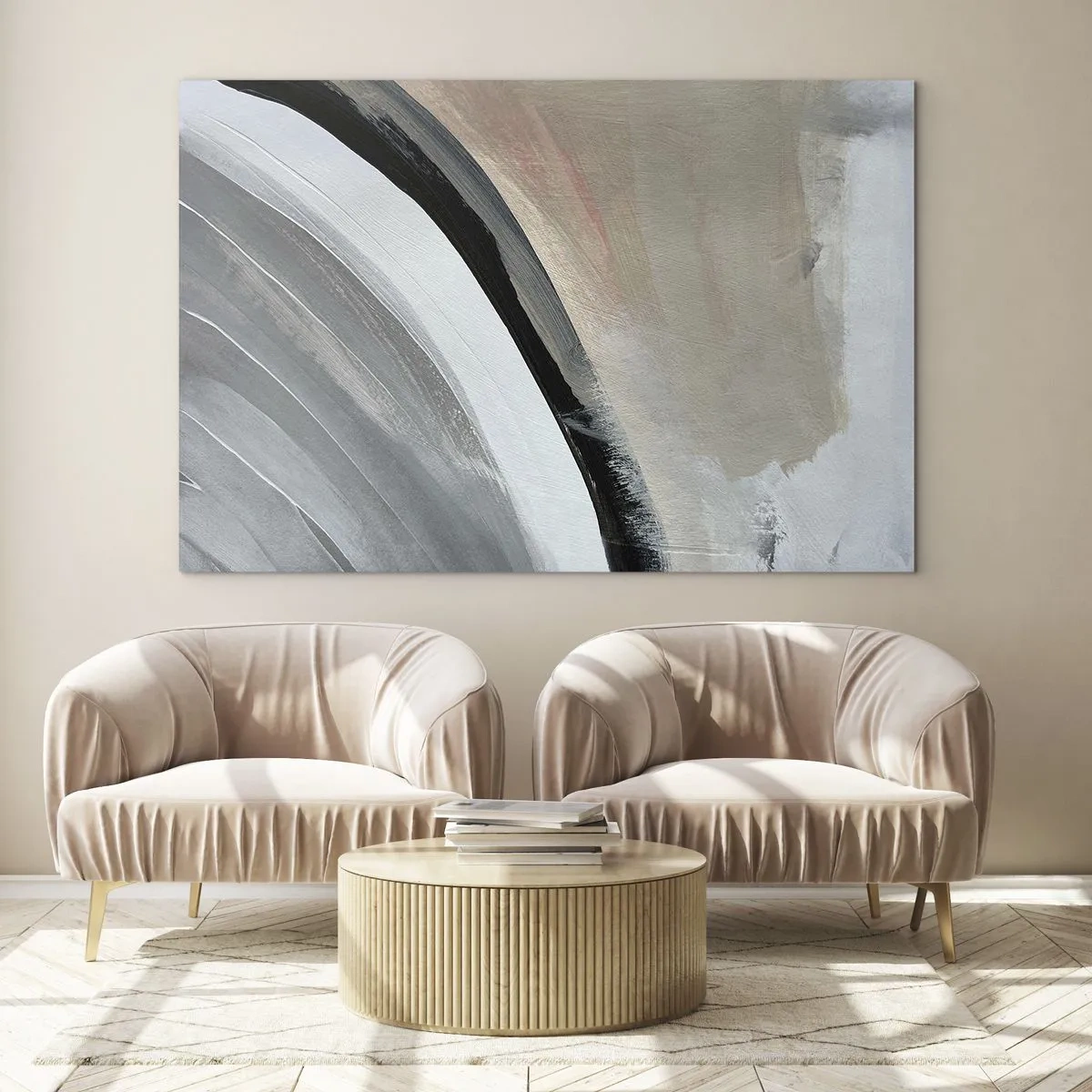 Quadro em vidro - Arco abstrato em tons de cinza e preto - 70x50cm - Composição: arco preto e cinza - Decoração de parede moderna para a sala de estar e quarto ARTTOR