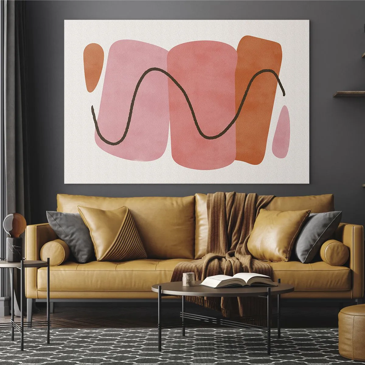Quadro em vidro - Formas abstratas em rosa e laranja com uma linha preta - 70x50cm - Movimento suave de formas - Decoração de parede moderna para a sala de estar e quarto ARTTOR