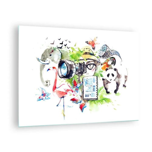 Quadro em vidro - Ilustração de um fotógrafo com uma câmera e animais - 70x50cm - Através da lente do viajante - Decoração de parede moderna para a sala de estar e quarto ARTTOR