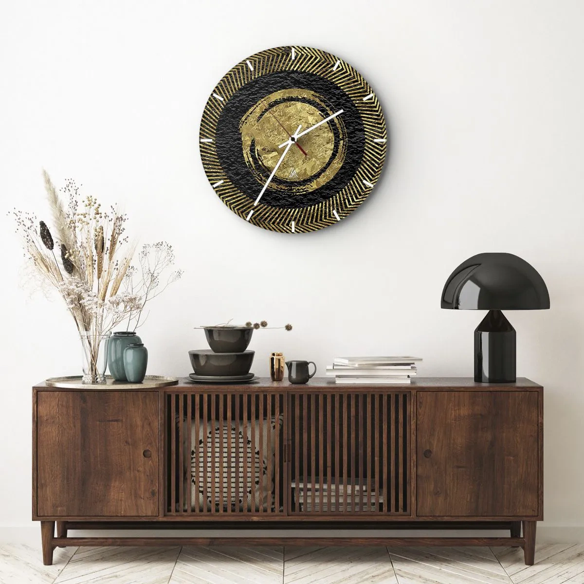 Relógio de parede - Relógio em vidro - Padrões geométricos dourados em um fundo preto em um estilo glamoroso - 30x30cm - Composição glamourosa - Decoração de parede moderna para a sala de estar, cozinha e quarto ARTTOR