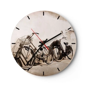 Relógio de parede - Relógio em vidro - Bicicletas estilo retrô contra uma parede - 30x30cm - Encanto inesquecível do passado - Decoração de parede moderna para a sala de estar, cozinha e quarto ARTTOR