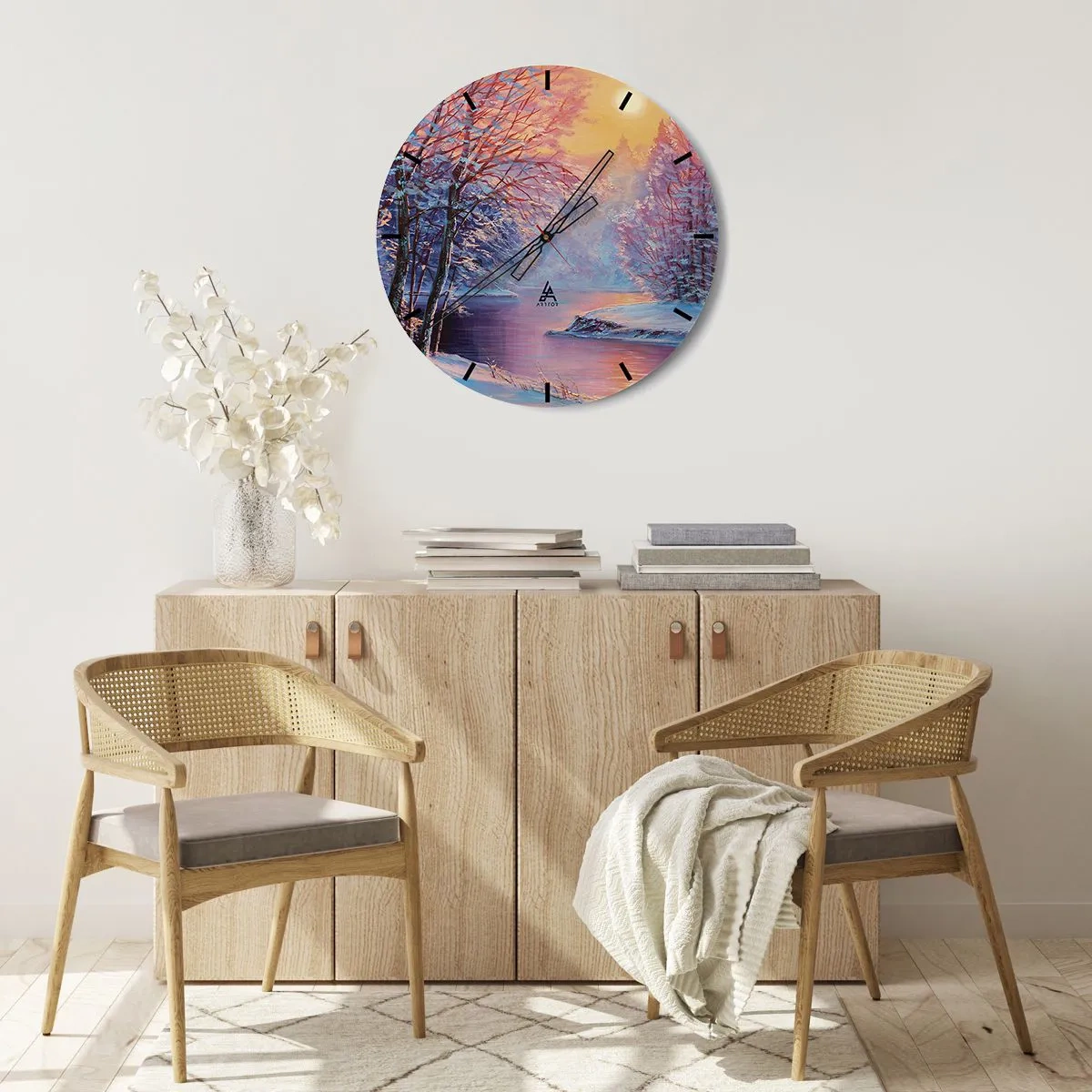 Relógio de parede - Relógio em vidro - Paisagem de inverno com um rio ao pôr do sol - 30x30cm - Cores do inverno - Decoração de parede moderna para a sala de estar, cozinha e quarto ARTTOR