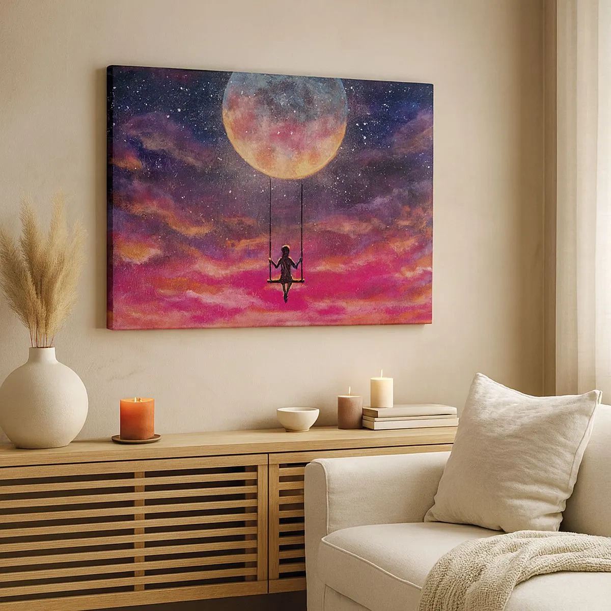 Quadro em tela - Uma figura em um balanço suspensa contra a lua - 70x50cm - Balanço nas nuvens - Decoração de parede moderna para a sala de estar e quarto ARTTOR