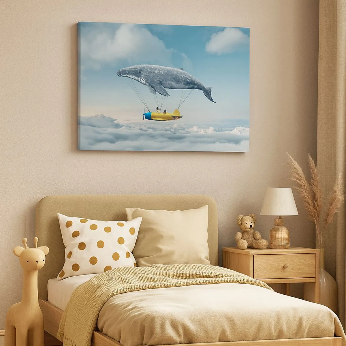 Quadro em tela - Uma baleia voadora transporta um avião em um cenário surreal. - 70x50cm - Por que não? - Decoração de parede moderna para a sala de estar e quarto ARTTOR
